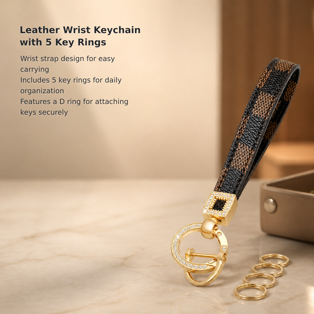 Leather Wristlet Keychain with 5 Key Rings and D-Ring