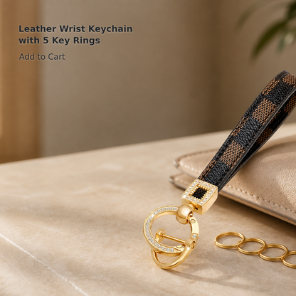 Leather Wristlet Keychain with 5 Key Rings and D-Ring