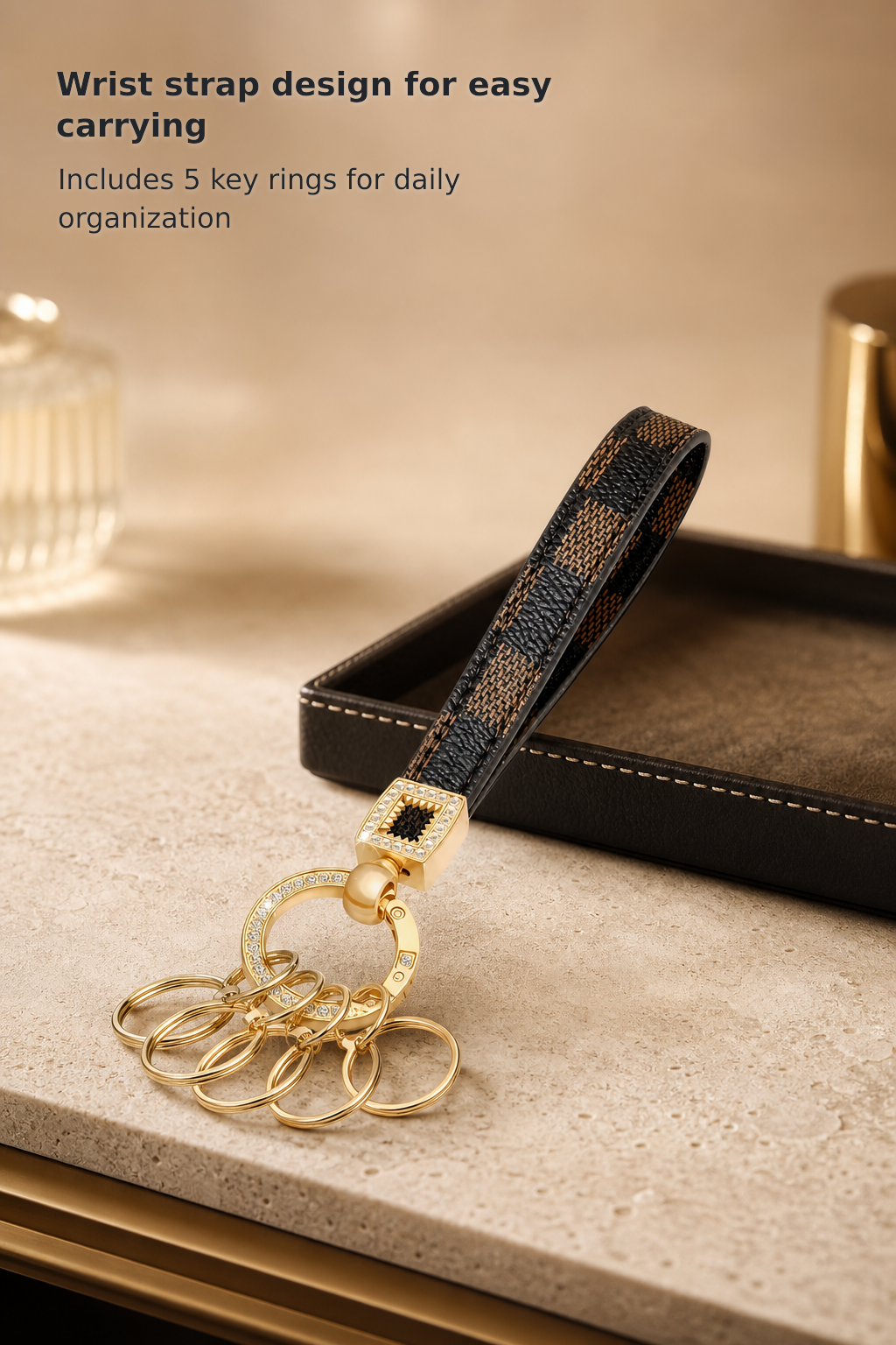 Leather Wristlet Keychain with 5 Key Rings and D-Ring