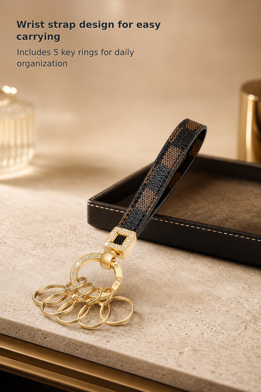 Leather Wristlet Keychain with 5 Key Rings and D-Ring