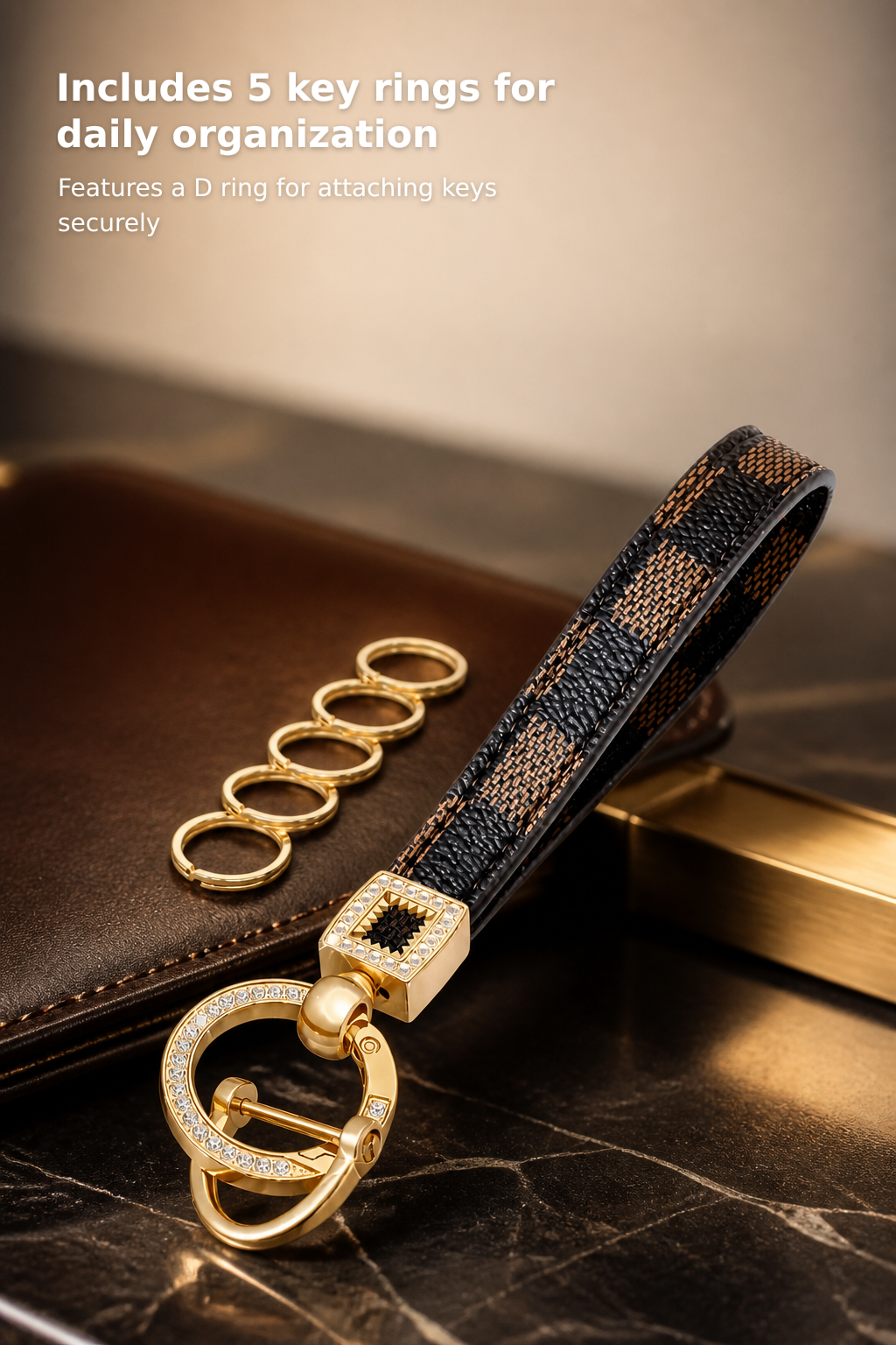 Leather Wristlet Keychain with 5 Key Rings and D-Ring